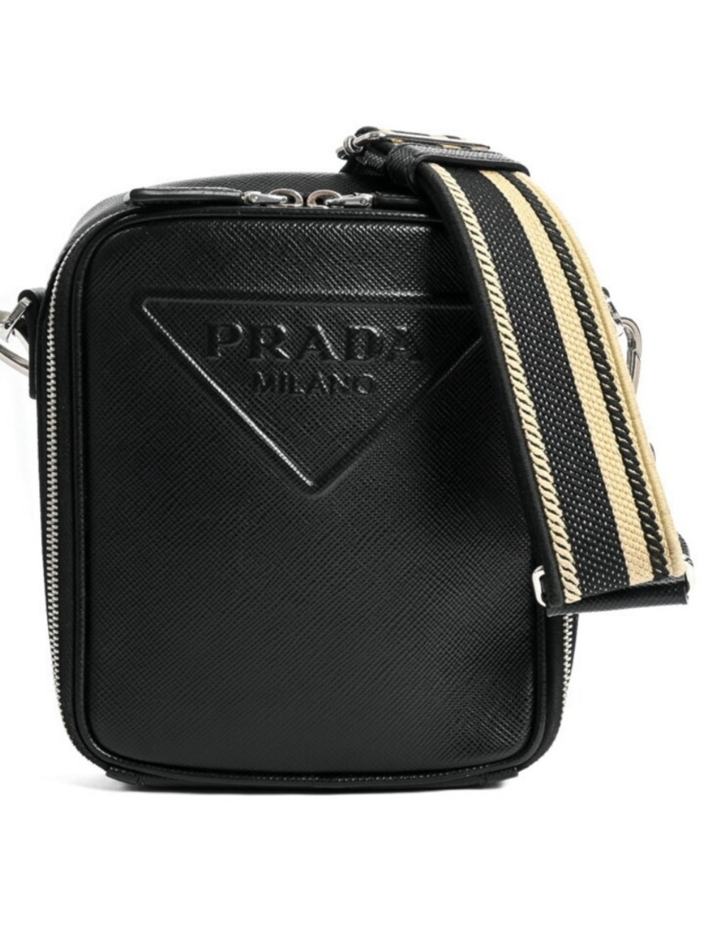 Prada Saffiano Leather Crossbody Bag with Striped Webbing Strap Black